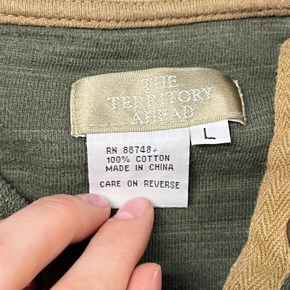 Vintage 90s The Territory Ahead Green Tan Mens L Snap Button Tactical Sweatshirt - Picture 4 of 8